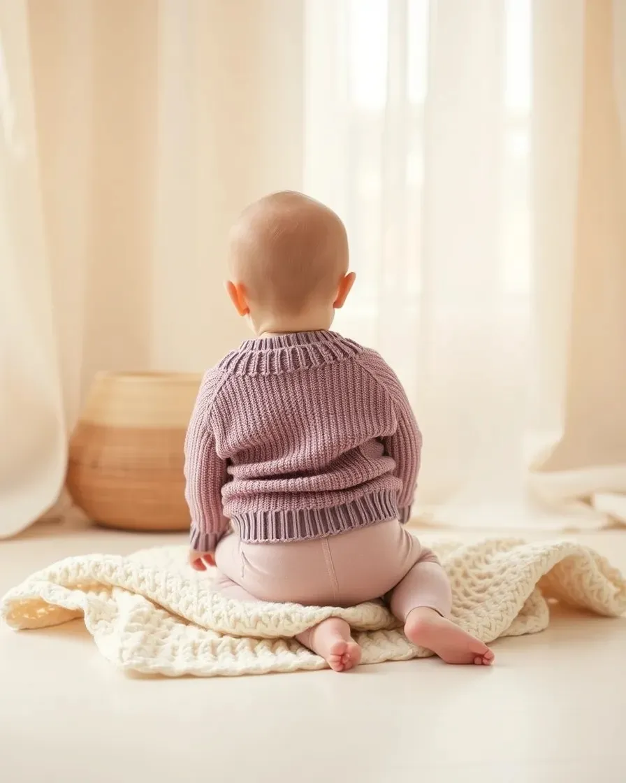 Baby girl in a Rodaki knit cardigan sitting on a cream blanket